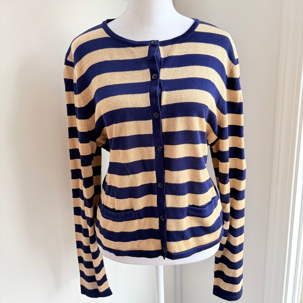 Ralph‎ Lauren NWT Cardigan XL Navy Gold Striped Shimmer Knit Sweater